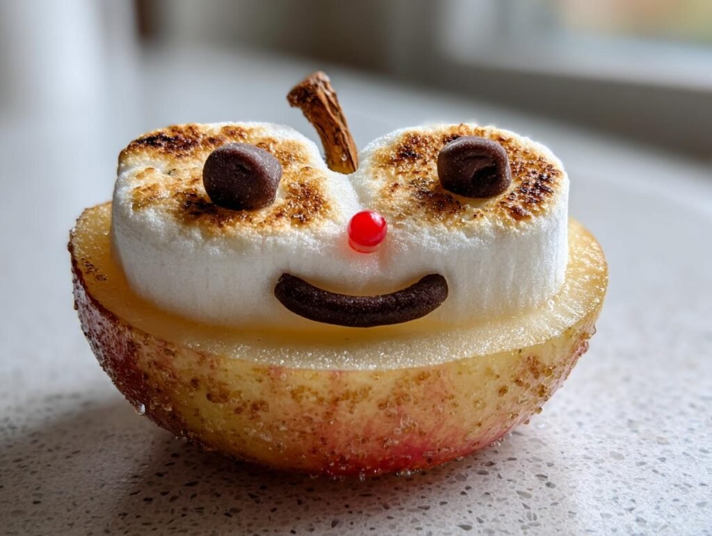 Close-up of an apple marshmallow smiles treat, featuring toasted marshmallows, chocolate chips, and a red candy nose.