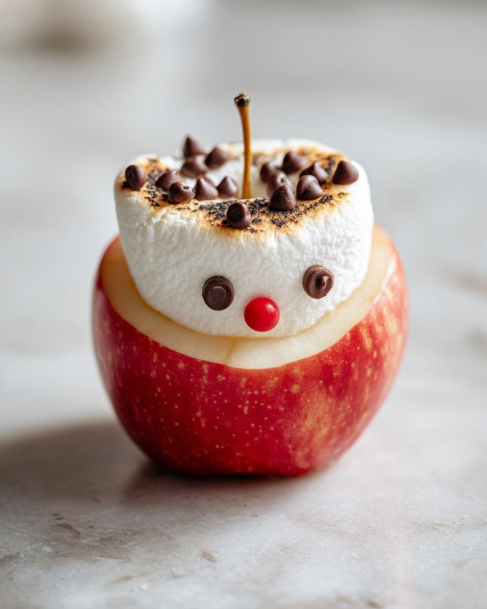 Adorable apple marshmallow smiles treat with chocolate chips and a red candy nose.