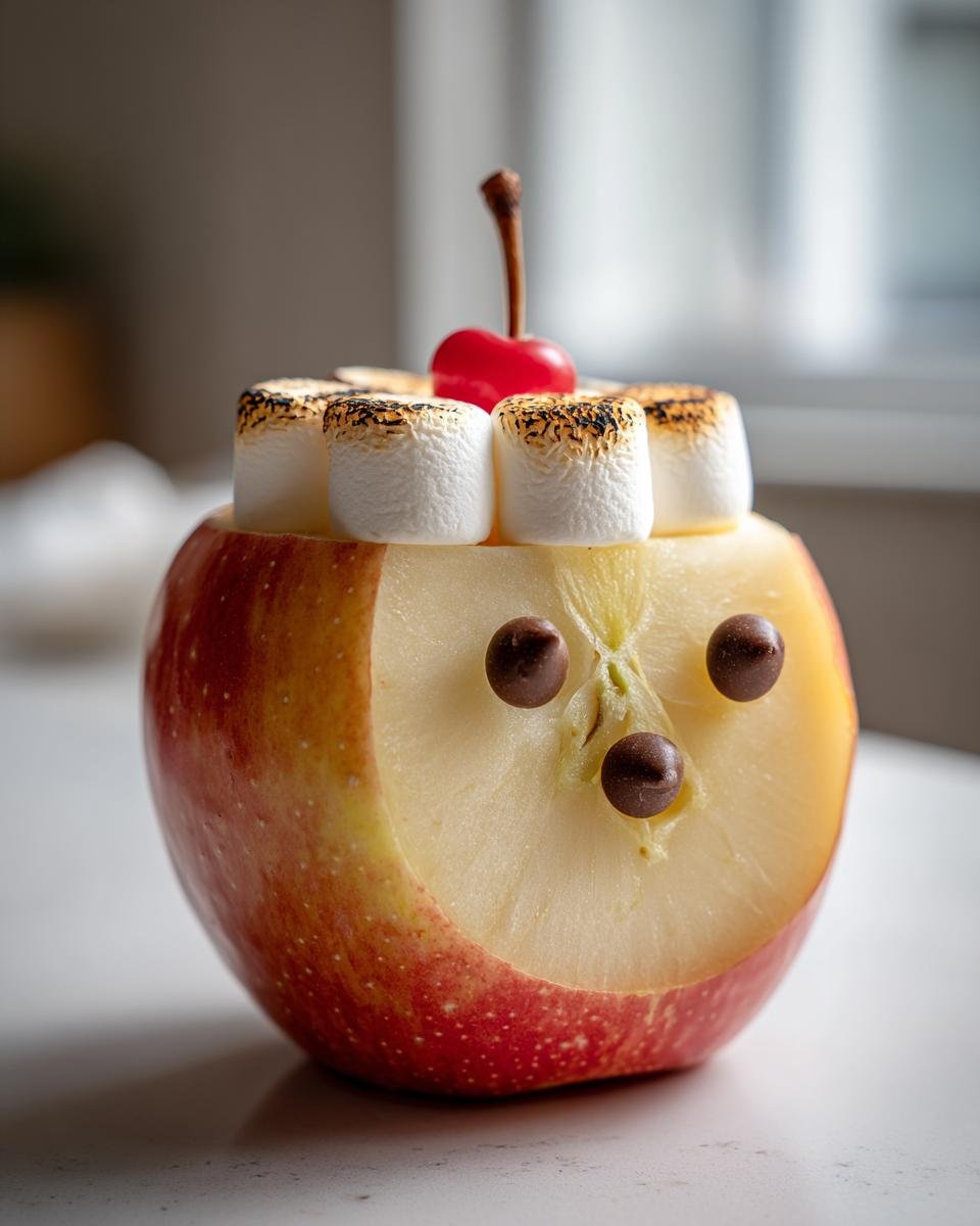 Apple marshmallow smiles treat with chocolate chip eyes and toasted marshmallow topping.