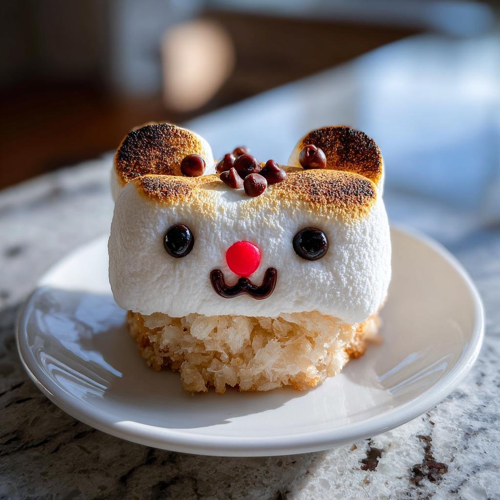 Adorable apple marshmallow smiles dessert featuring a toasted marshmallow bear face on a crispy rice treat.
