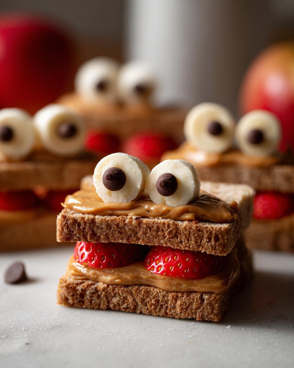 Close-up of Apple Monster Bites featuring peanut butter, strawberries, banana 'eyes' with chocolate chips.
