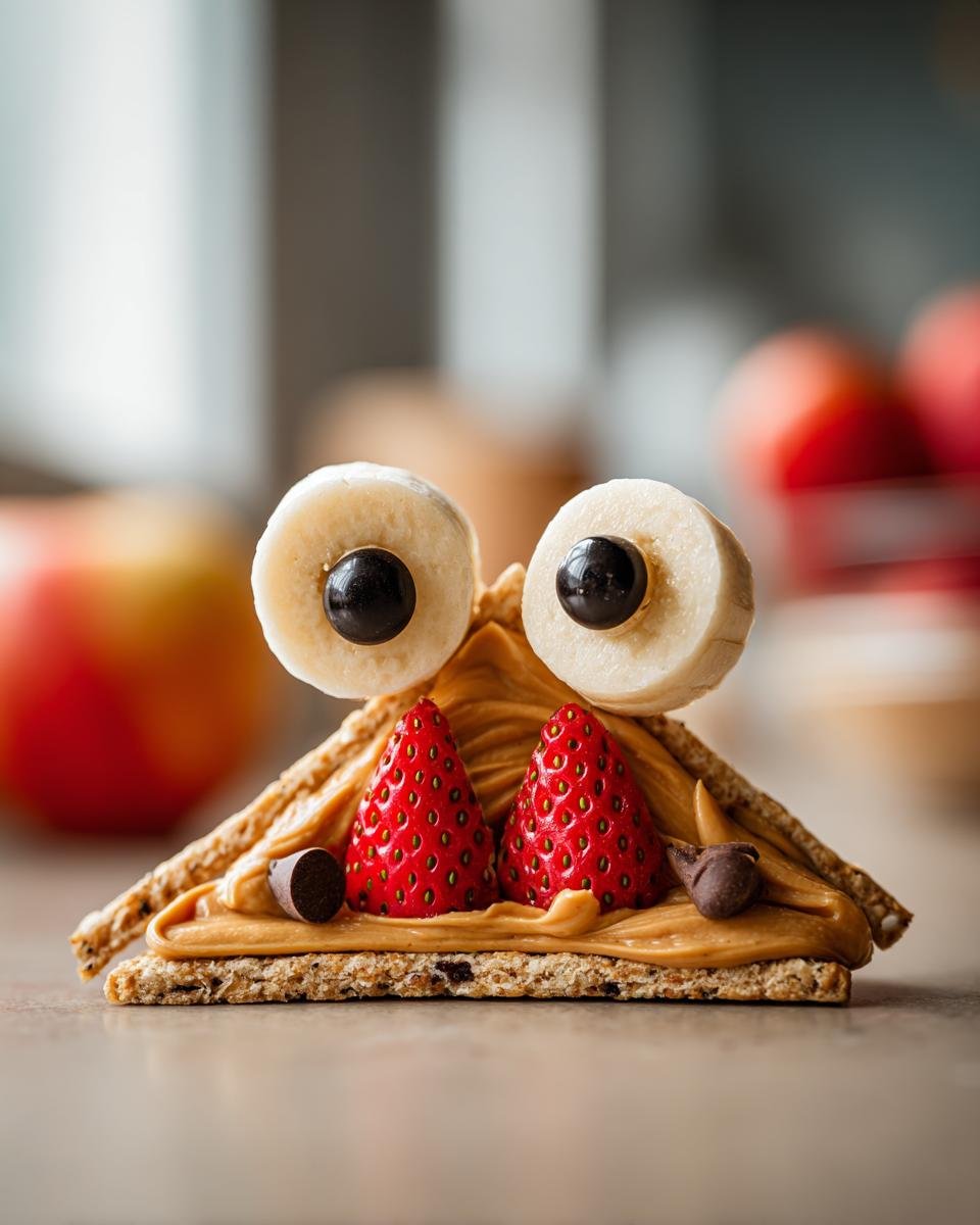 Close-up of an Apple Monster Bites snack with peanut butter, strawberries, banana eyes, and chocolate chips.