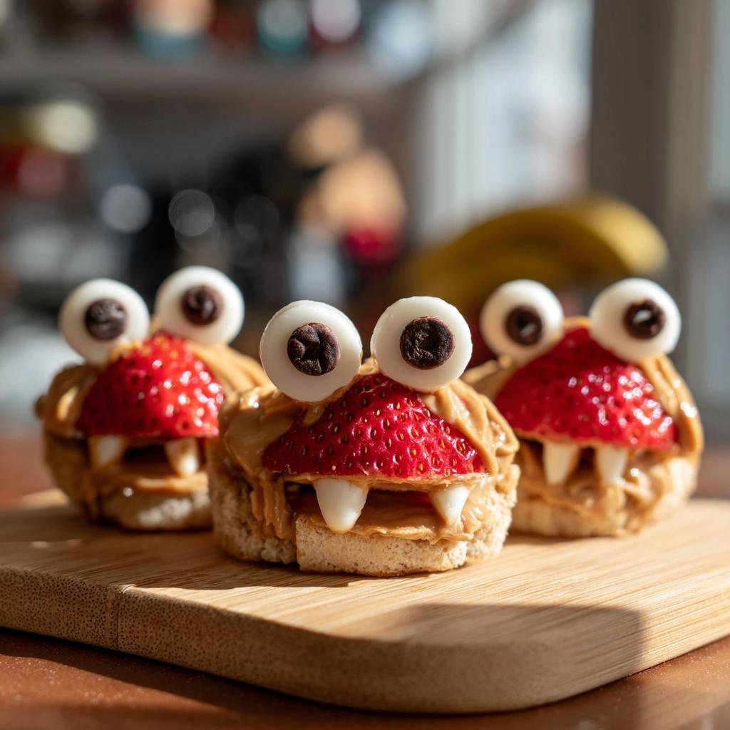 Three Apple Monster Bites featuring apple slices, peanut butter, strawberry 'heads', candy eyes, and almond 'teeth'.