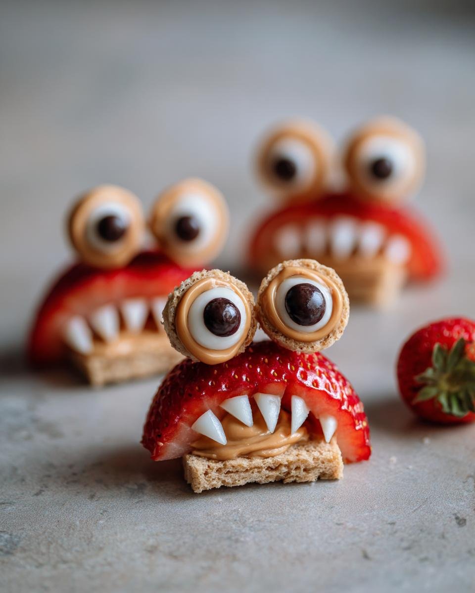 Close-up of Apple Monster Bites made with strawberries, peanut butter, apple teeth, and candy eyes.