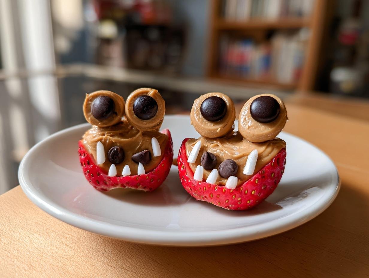 Two strawberry Apple Monster Bites with peanut butter, chocolate chips, and marshmallow teeth on a white plate.