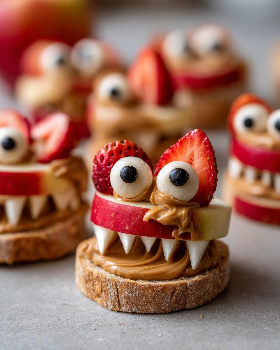 Close-up of Apple Monster Bites featuring apple slices, peanut butter, strawberry, candy eyes, and almond teeth.