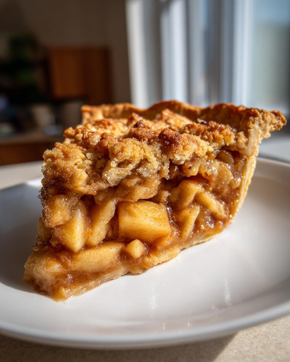 A slice of apple pie with a crumble topping, perfect for Cottagecore Recipes for Fall baking.