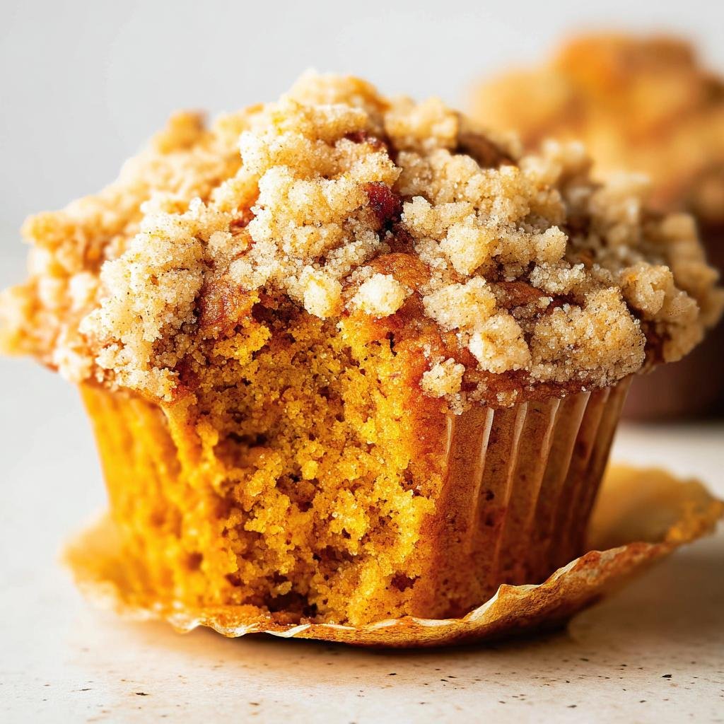 Close-up of an apple pumpkin streusel muffin with a bite taken out, showing the moist interior and crumbly topping.