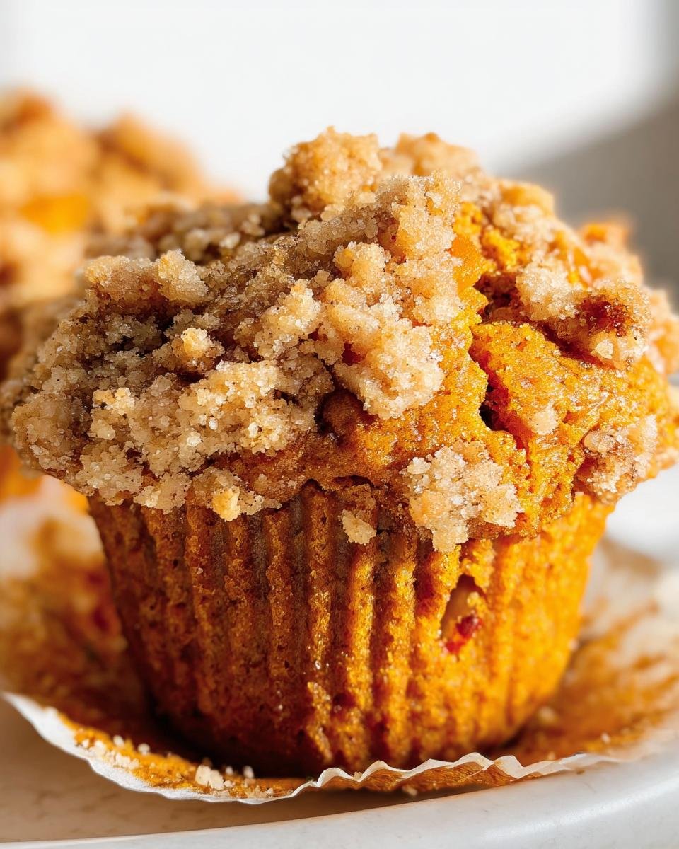 A close-up of a single Apple Pumpkin Streusel Muffin with a golden brown streusel topping, in a paper liner.