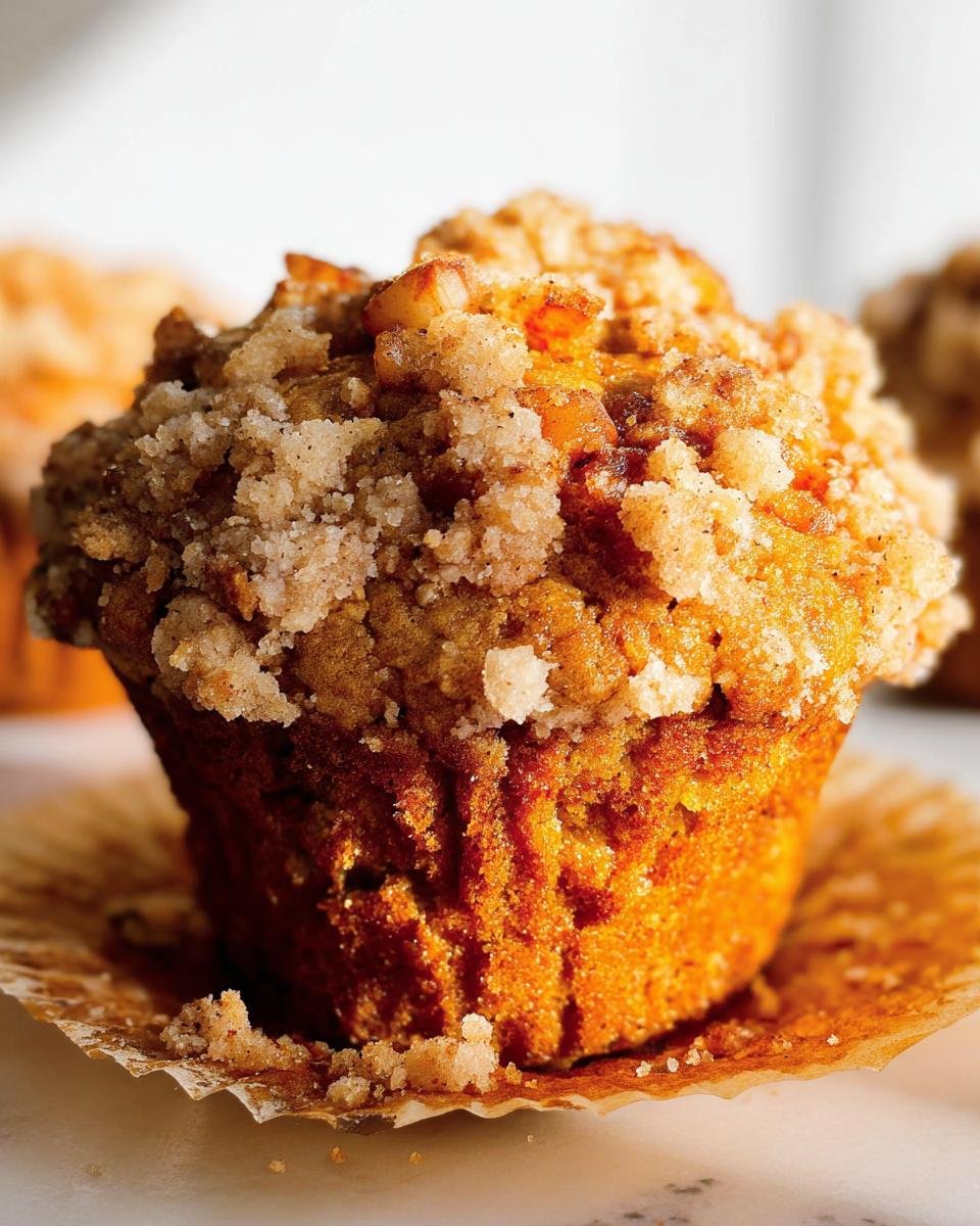 A close-up of a delicious Apple Pumpkin Streusel Muffin with a golden-brown streusel topping.
