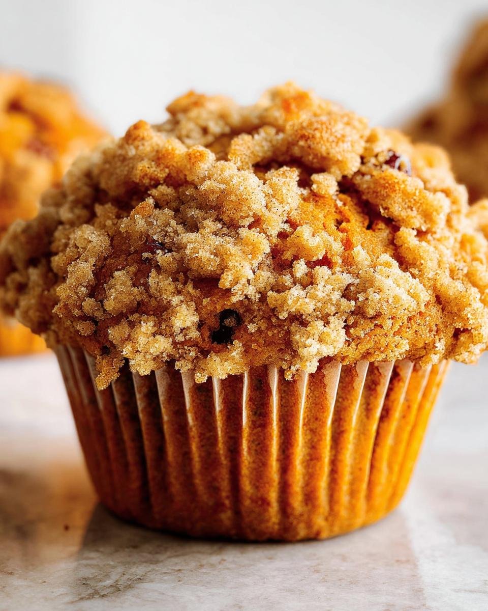 A close-up of an Apple Pumpkin Streusel Muffin, showcasing its streusel topping and paper liner.