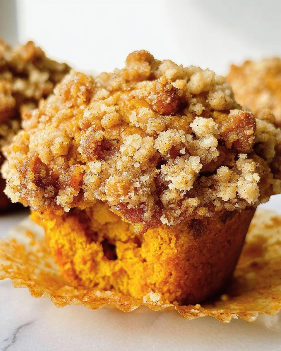 Close-up of an Apple Pumpkin Streusel Muffin in a paper liner, topped with a crumbly streusel.