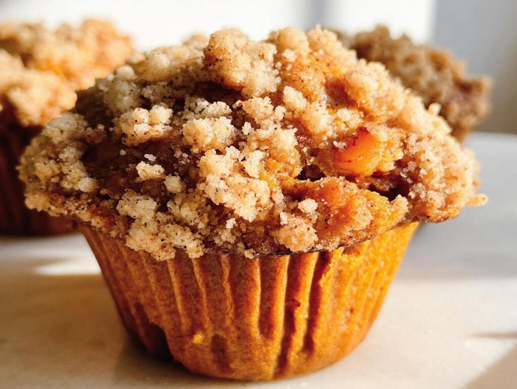 A close-up of an Apple Pumpkin Streusel Muffin with a golden-brown streusel topping.