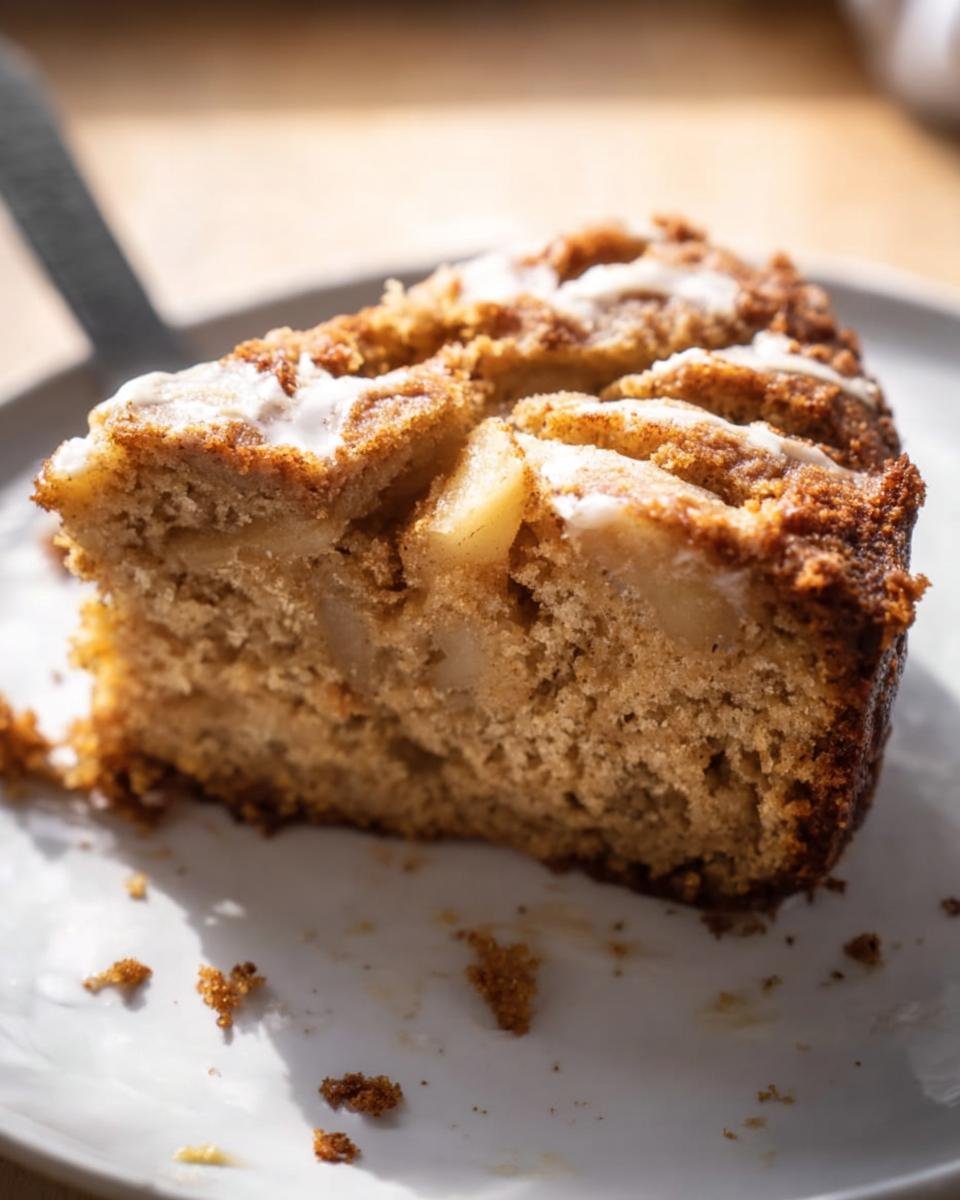 A slice of homemade Apple Spice Cake with a glaze, served on a white plate.