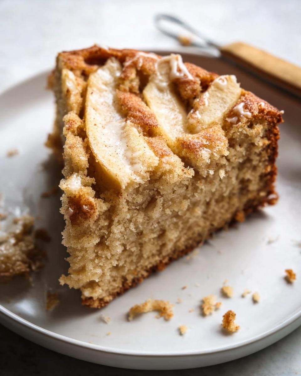 A slice of homemade Apple Spice Cake topped with sliced apples and a dusting of spice on a white plate.