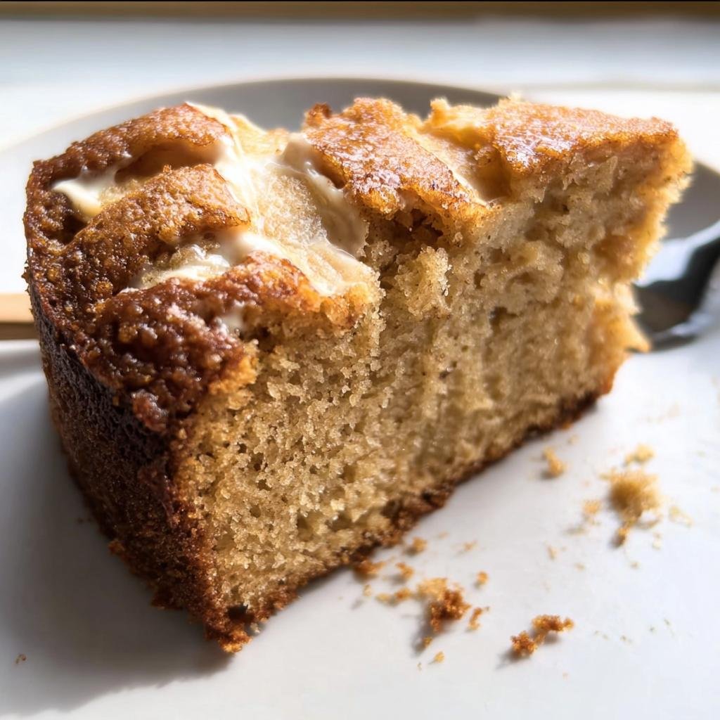A delicious slice of Apple Spice Cake with cream cheese frosting on a white plate.