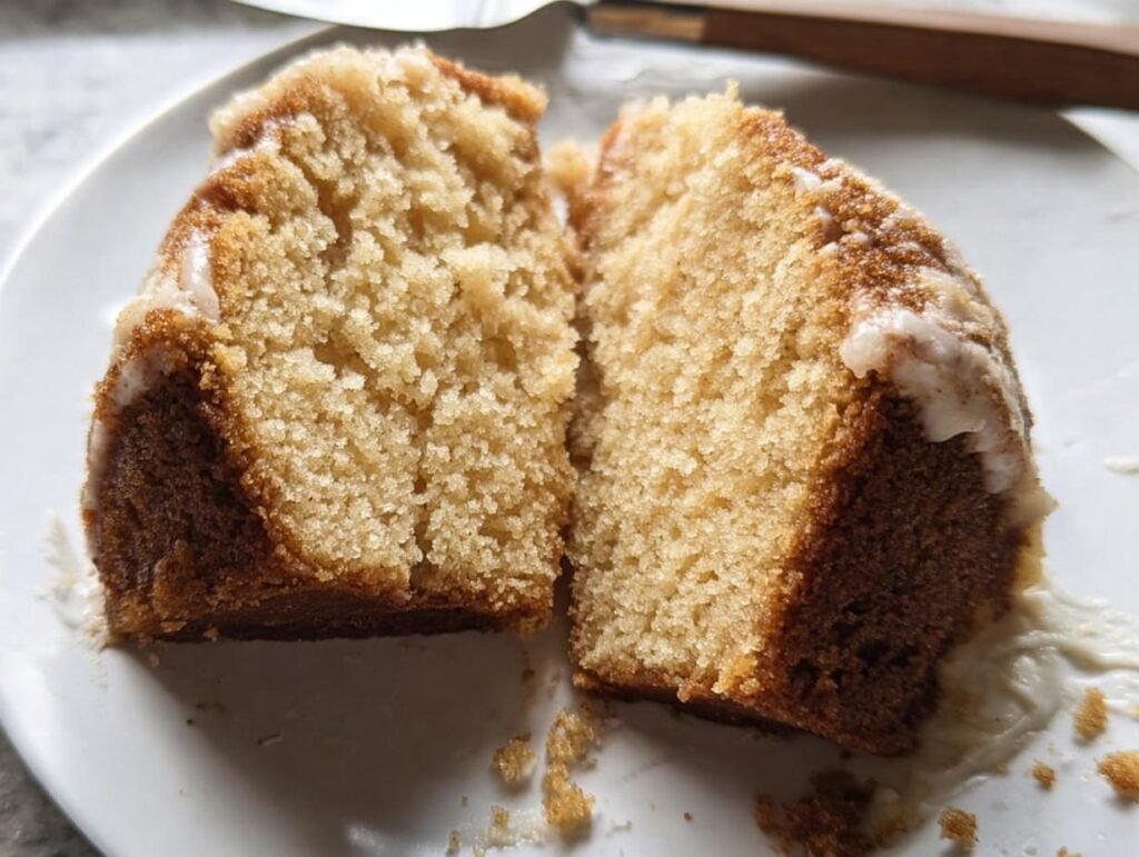 Close-up of a sliced Apple Spice Cake with a light glaze on a white plate.