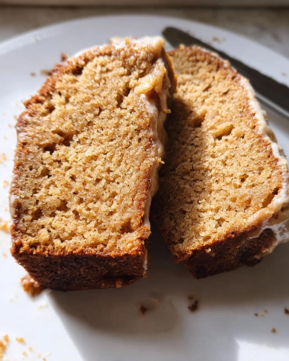 Two slices of Apple Spice Cake with a light glaze, served on a white plate with a knife in the background.