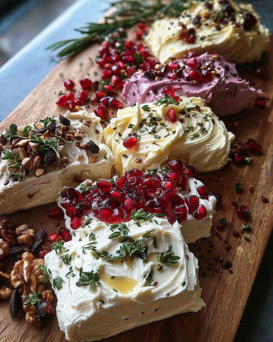 A wooden board showcasing The Art of Butter Boarding, featuring various flavored butter mounds topped with pomegranate seeds, nuts, and herbs.