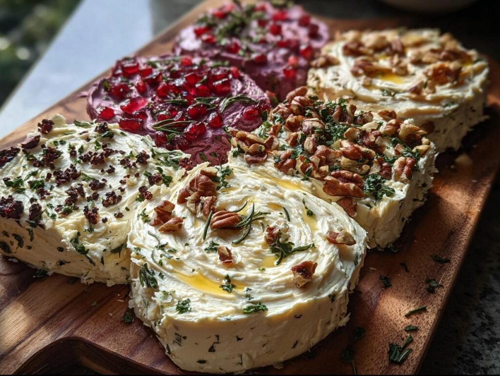 A wooden board showcasing The Art of Butter Boarding, featuring various flavored butter creations with nuts, herbs, and pomegranate.