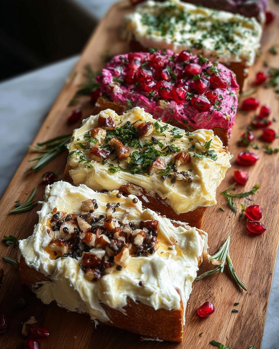 Four creative butter board appetizers on a wooden board, showcasing the art of butter boarding.