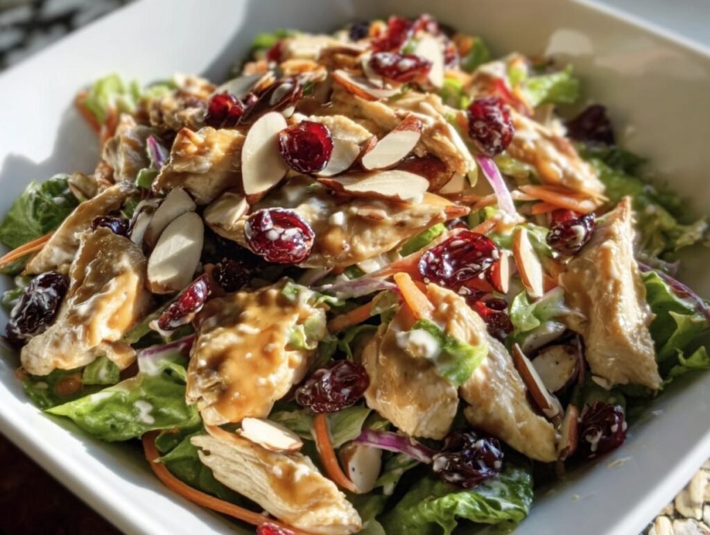 A vibrant Asian Chicken Cranberry Salad with lettuce, chicken, cranberries, almonds, and dressing.
