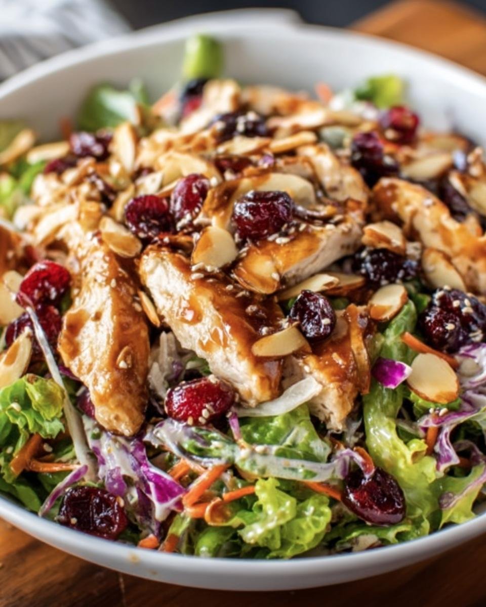 A vibrant bowl of Asian Chicken Cranberry Salad with greens, chicken, cranberries, and almonds.