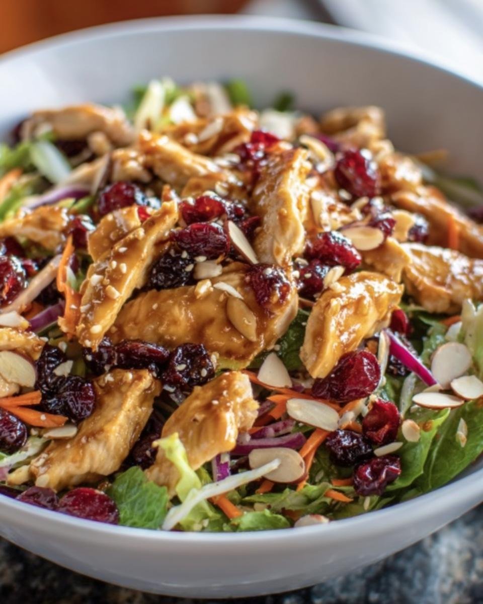A vibrant bowl of Asian Chicken Cranberry Salad with greens, chicken, cranberries, and almonds.