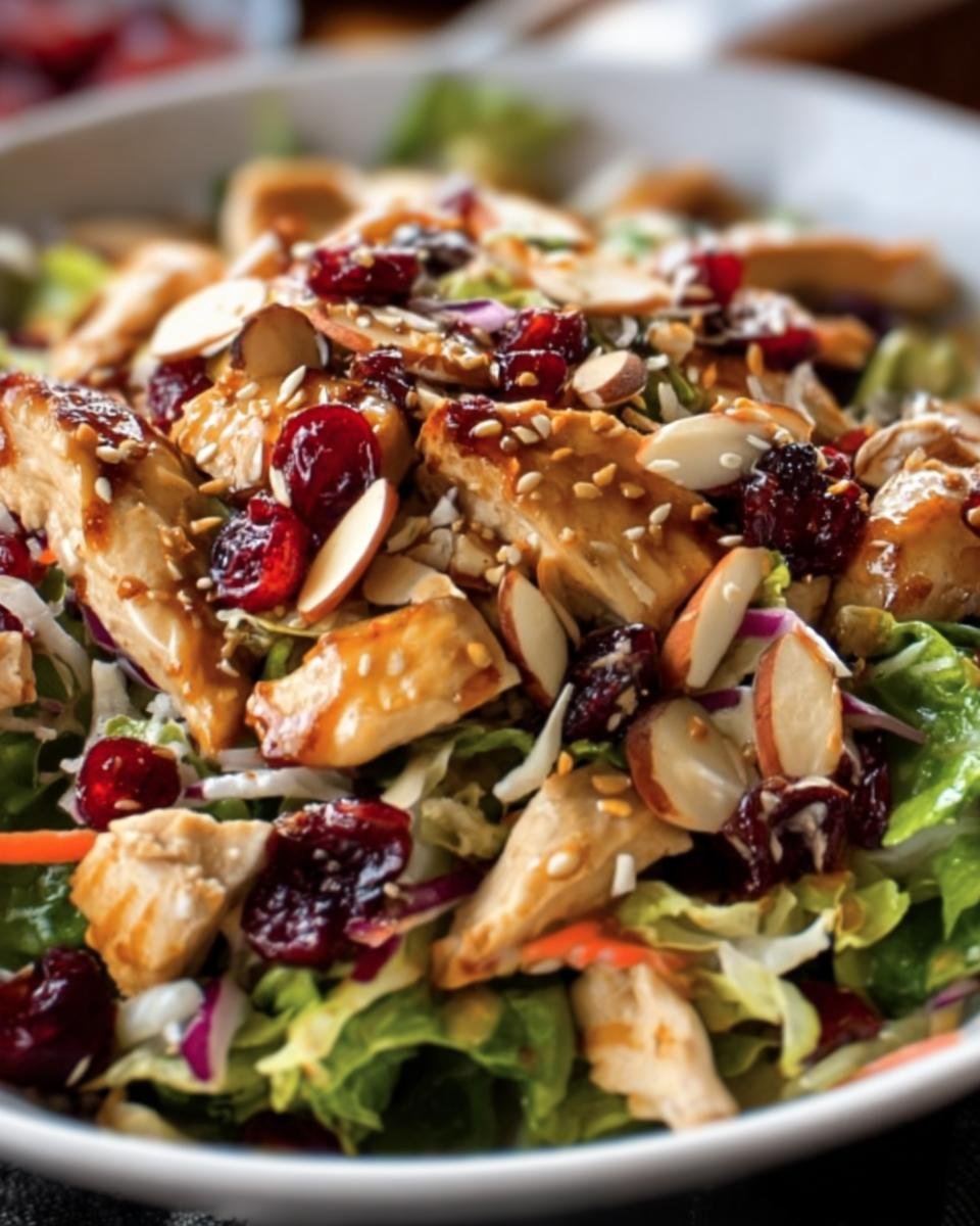Close-up of a vibrant Asian Chicken Cranberry Salad with greens, chicken, cranberries, and almonds.