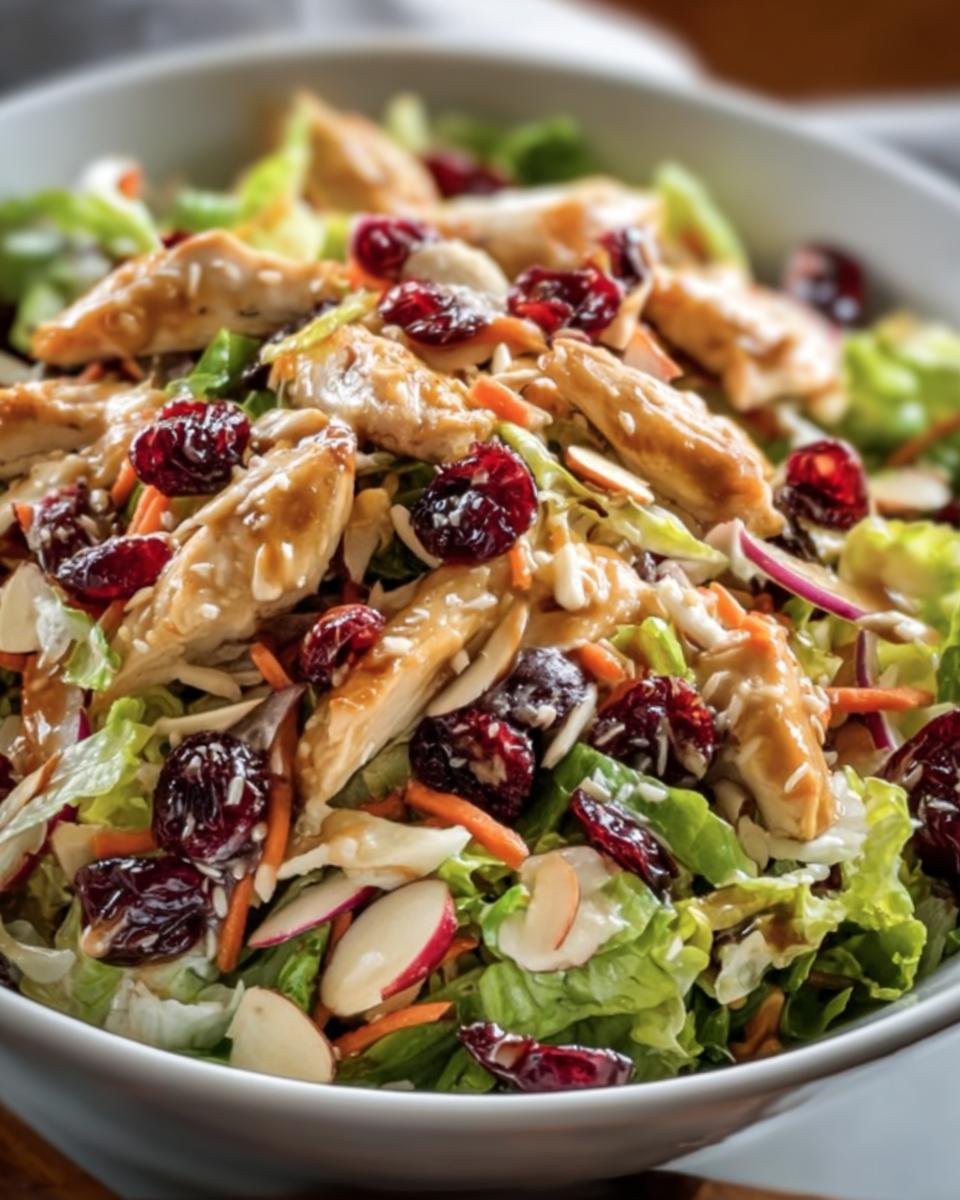 A vibrant bowl of Asian Chicken Cranberry Salad with lettuce, chicken, cranberries, and almonds.
