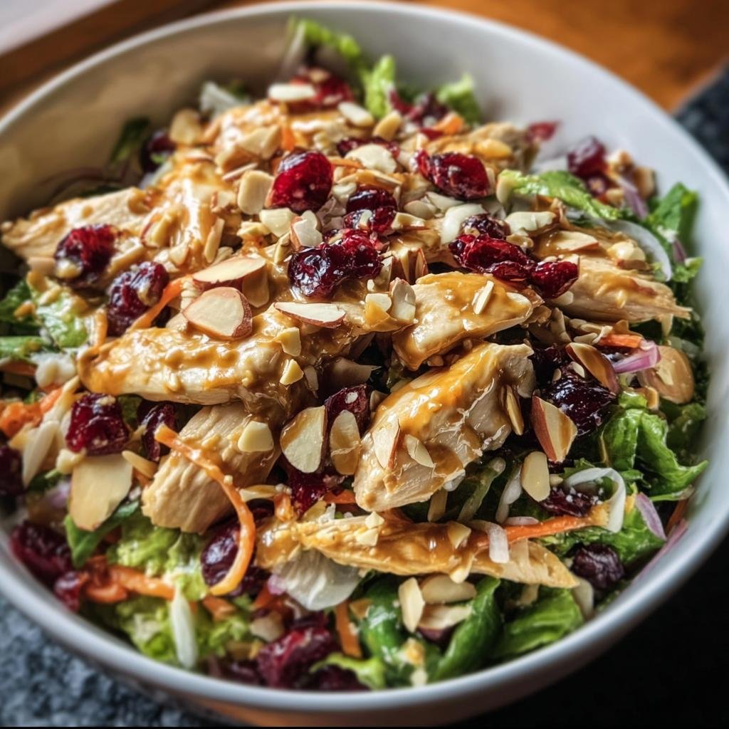 A vibrant bowl of Asian Chicken Cranberry Salad with chicken, cranberries, almonds, and lettuce.
