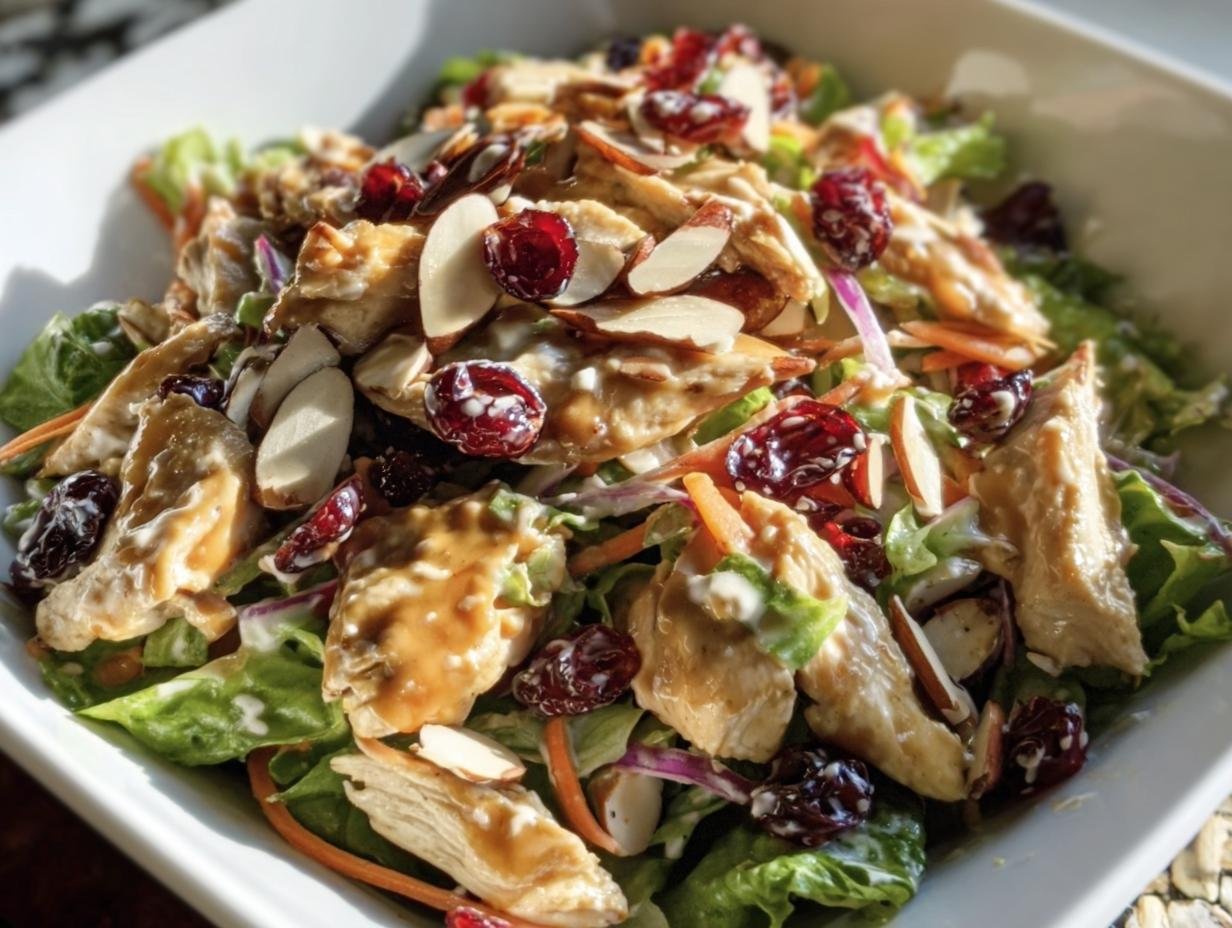 A vibrant Asian Chicken Cranberry Salad with lettuce, chicken, cranberries, almonds, and dressing.