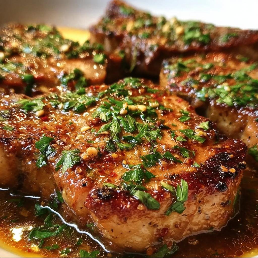 Close-up of Authentic Sicilian Pork Chops, garnished with fresh herbs and spices in a savory sauce.