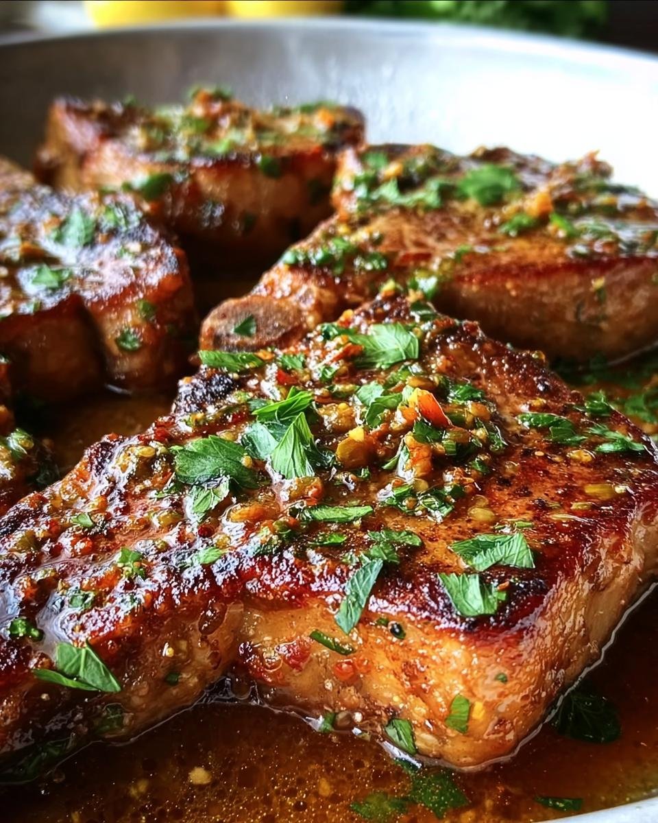 Close-up of Authentic Sicilian Pork Chops with a flavorful sauce and fresh herbs.
