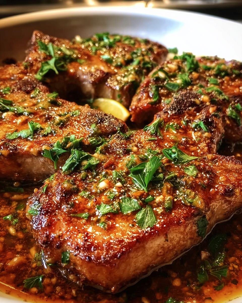 Close-up of Authentic Sicilian Pork Chops with a flavorful sauce and fresh parsley garnish.