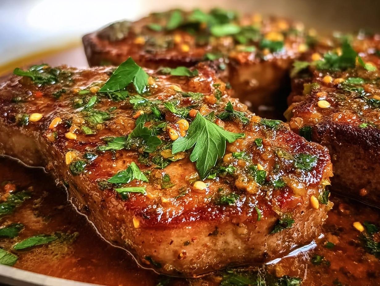 Close-up of Authentic Sicilian Pork Chops, featuring a rich sauce and fresh herb garnish.