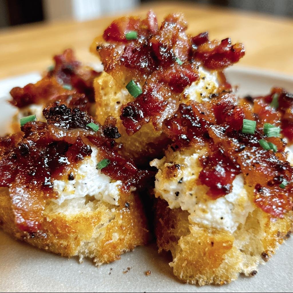 Close-up of Bacon Goat Cheese Appetizer bites on toasted bread, topped with crispy bacon and chives.