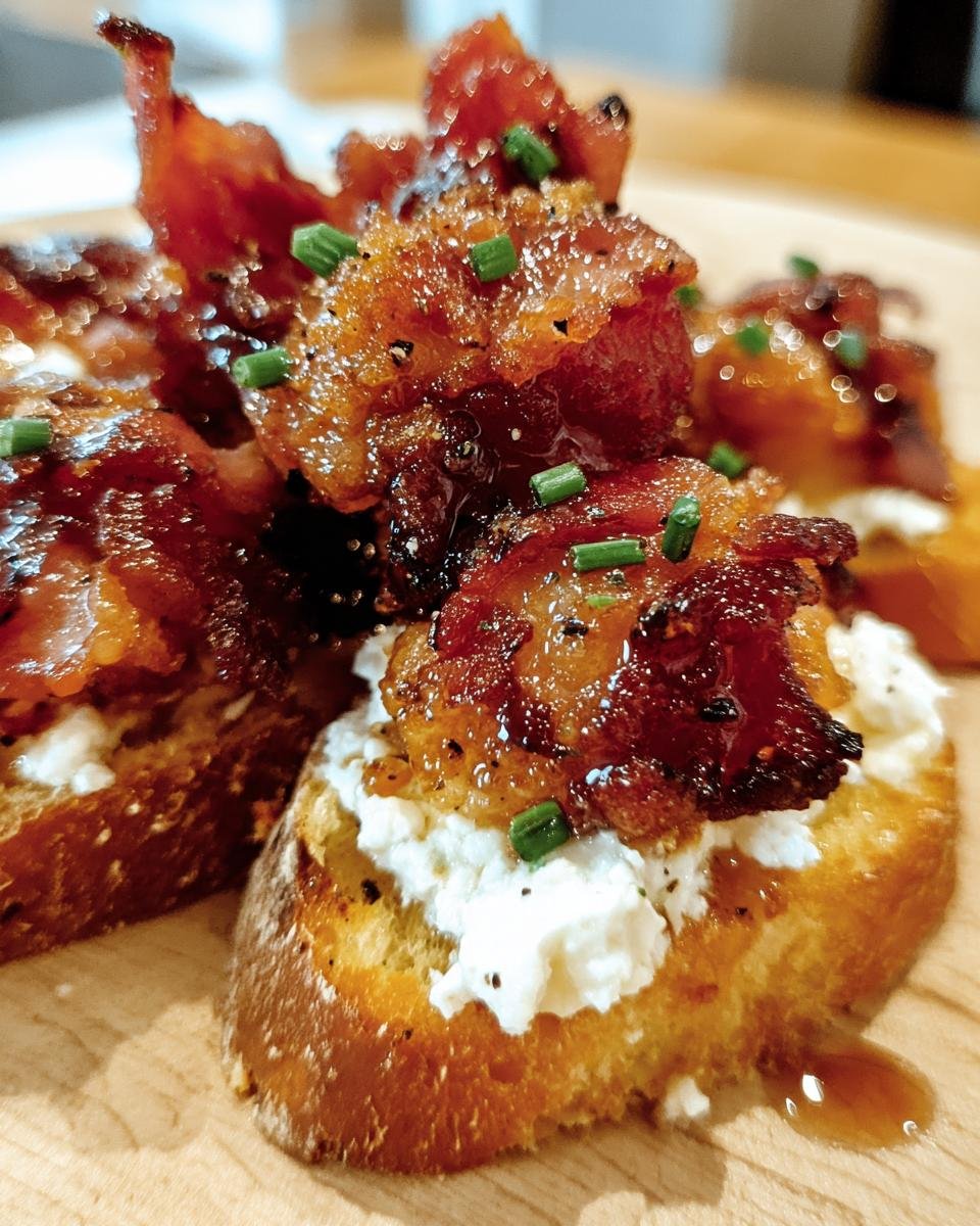 Close-up of Bacon Goat Cheese Appetizer bites on toasted bread, topped with chives.