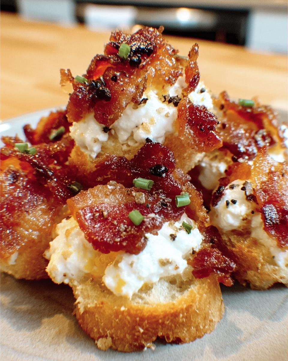 A stack of Bacon Goat Cheese Appetizer bites, topped with crispy bacon and fresh chives.