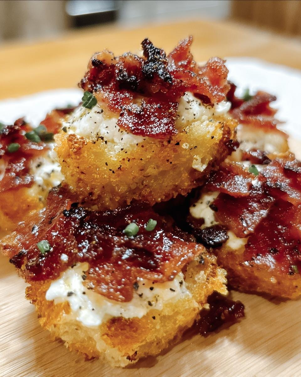 Close-up of stacked Bacon Goat Cheese Appetizer bites on a wooden board, topped with crispy bacon and fresh herbs.