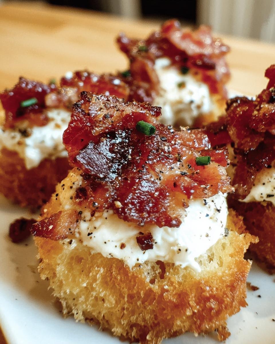 Close-up of Bacon Goat Cheese Appetizer bites on toasted bread, topped with crispy bacon and fresh chives.