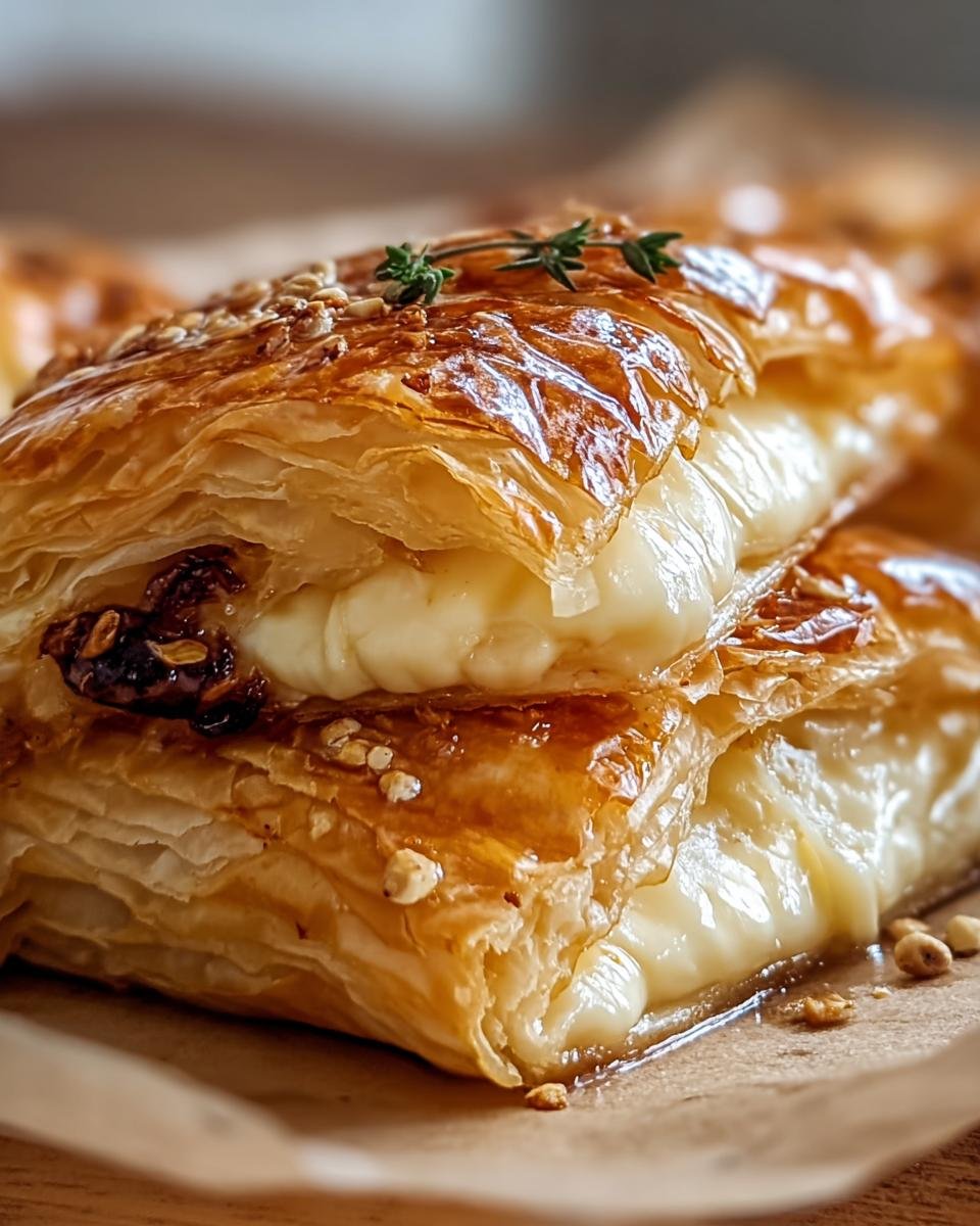 Close-up of golden Baked Brie in Puff Pastry, oozing melted cheese and topped with herbs and nuts.