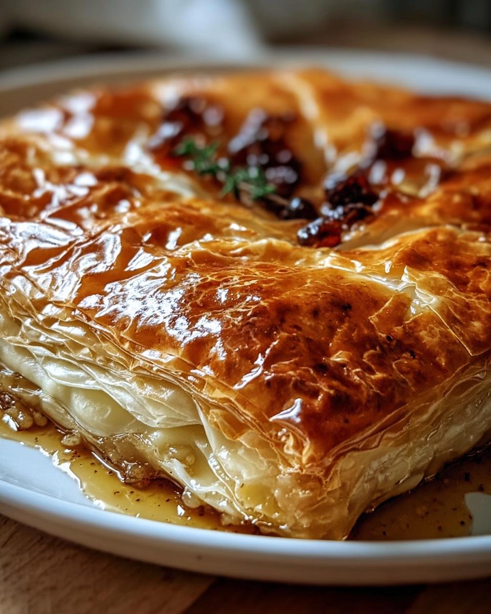 Close-up of golden Baked Brie in Puff Pastry, topped with fruit and herbs on a white plate.