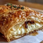 A close-up of golden Baked Brie in Puff Pastry, garnished with sesame seeds and herbs.