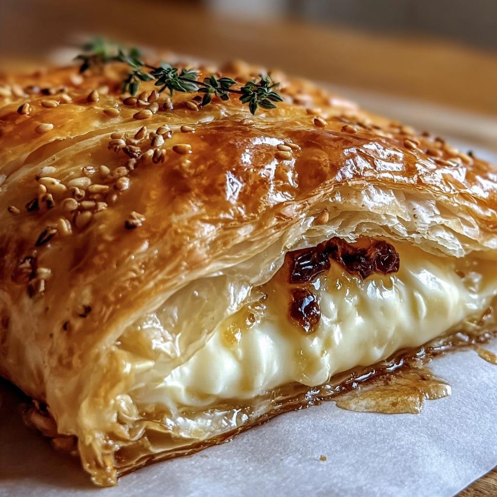 A close-up of golden Baked Brie in Puff Pastry, garnished with sesame seeds and herbs.