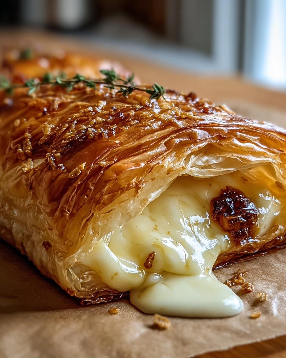 A close-up of golden Baked Brie in Puff Pastry with melted brie oozing out.