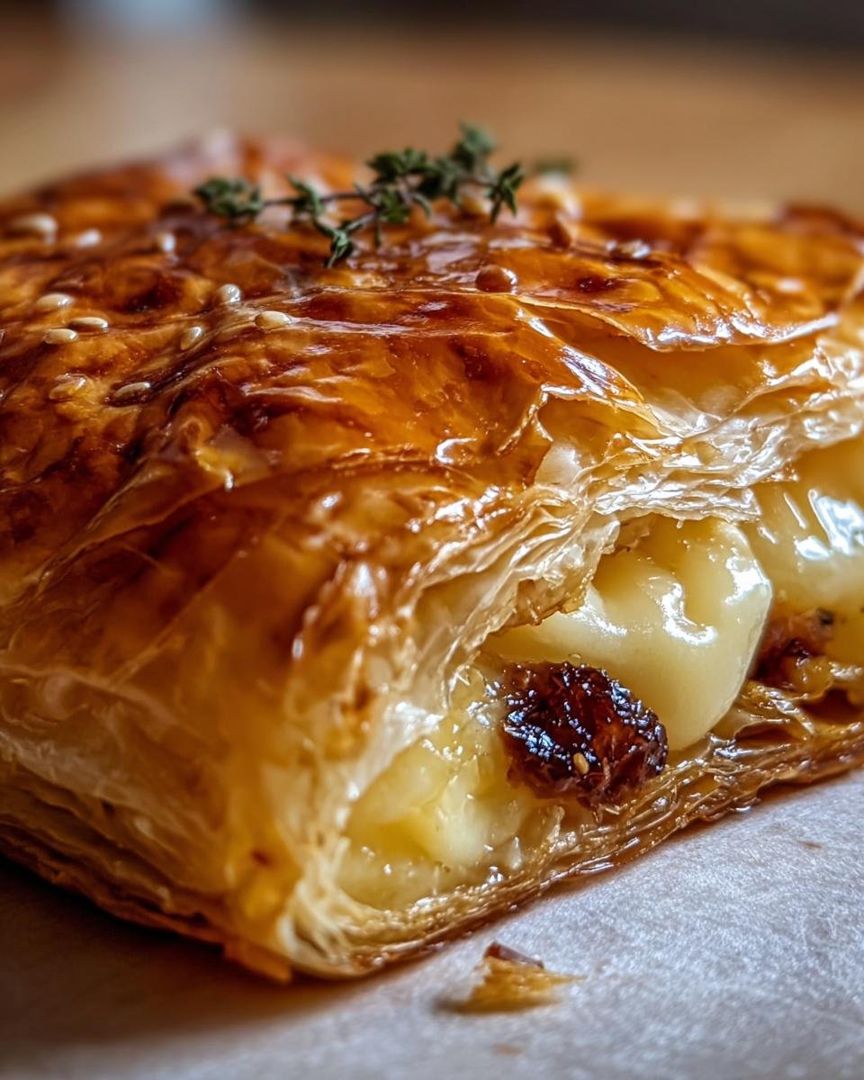 Close-up of a slice of Baked Brie in Puff Pastry, showcasing the flaky crust, melted brie, and toppings.