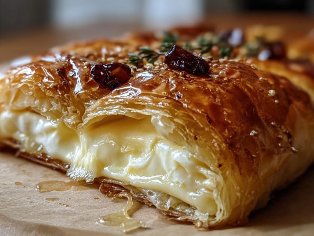 A delicious slice of Baked Brie in Puff Pastry, showcasing the melted brie and flaky pastry.