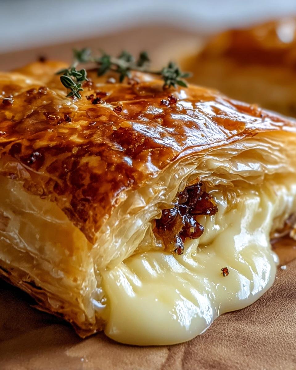 Close-up of a slice of Baked Brie in Puff Pastry, showing melted brie oozing out, topped with herbs.