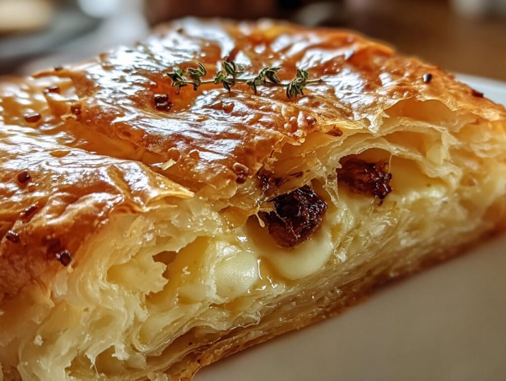 Close-up of a slice of Baked Brie in Puff Pastry, showcasing the flaky crust and melted brie filling.
